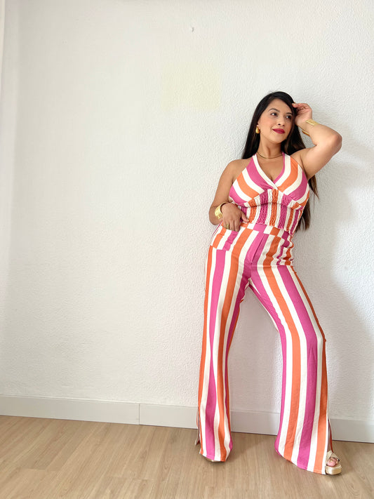 Conjunto top rayas rosa