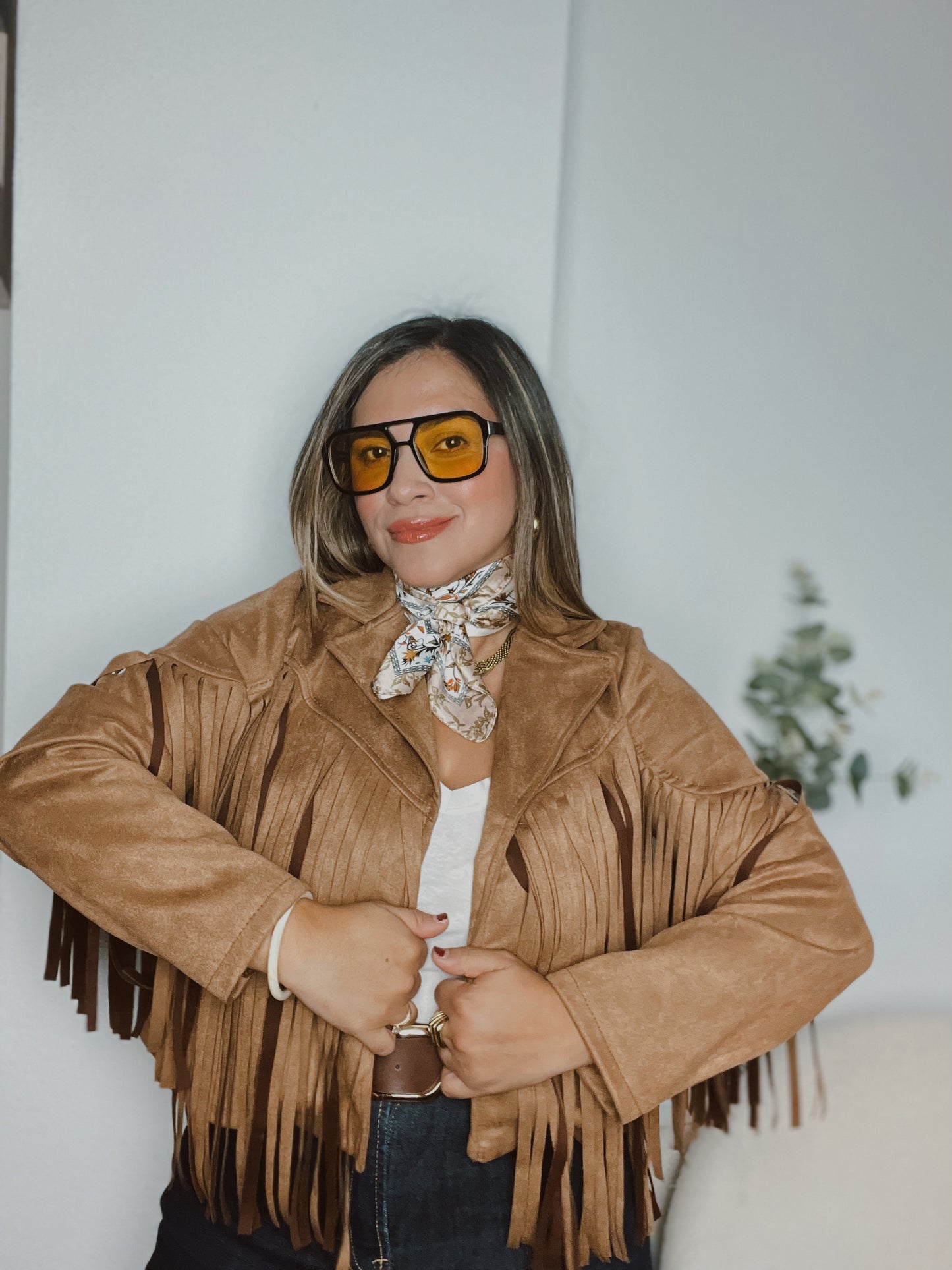 Chaqueta antelina flecos camel