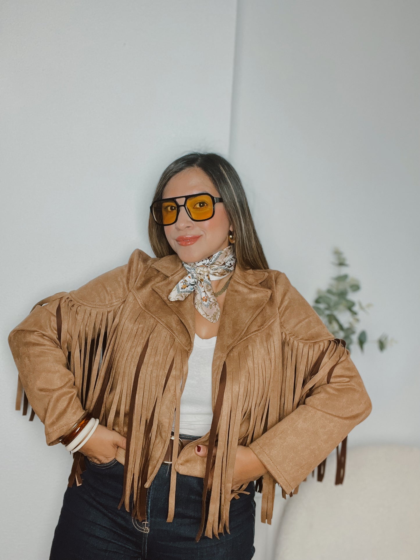 Chaqueta antelina flecos camel