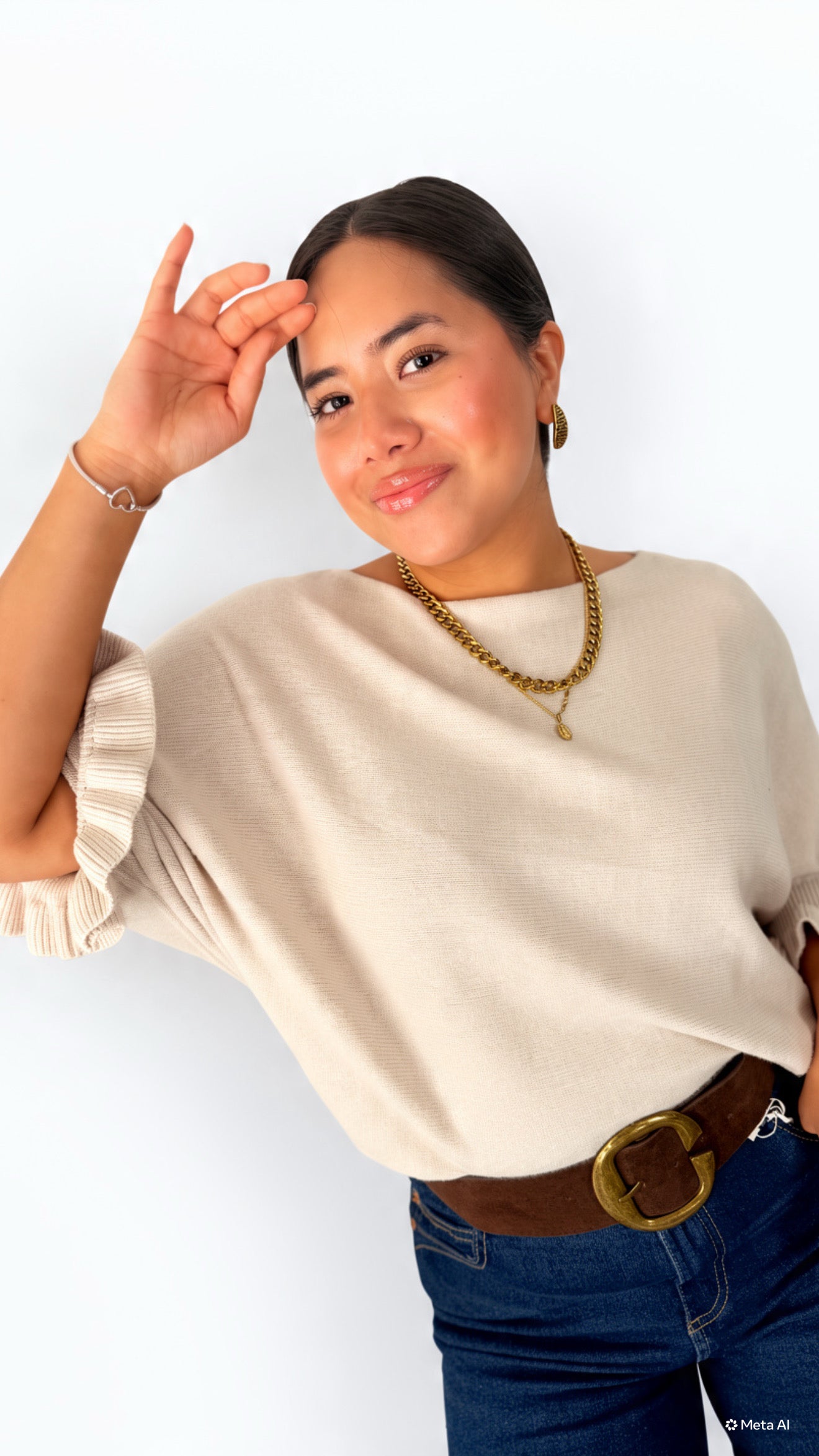 Jersey de Punto Oversize con Cuello Barco y Manga Campana con Volantes