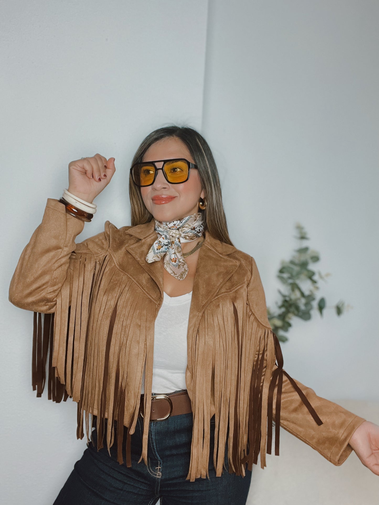 Chaqueta antelina flecos camel