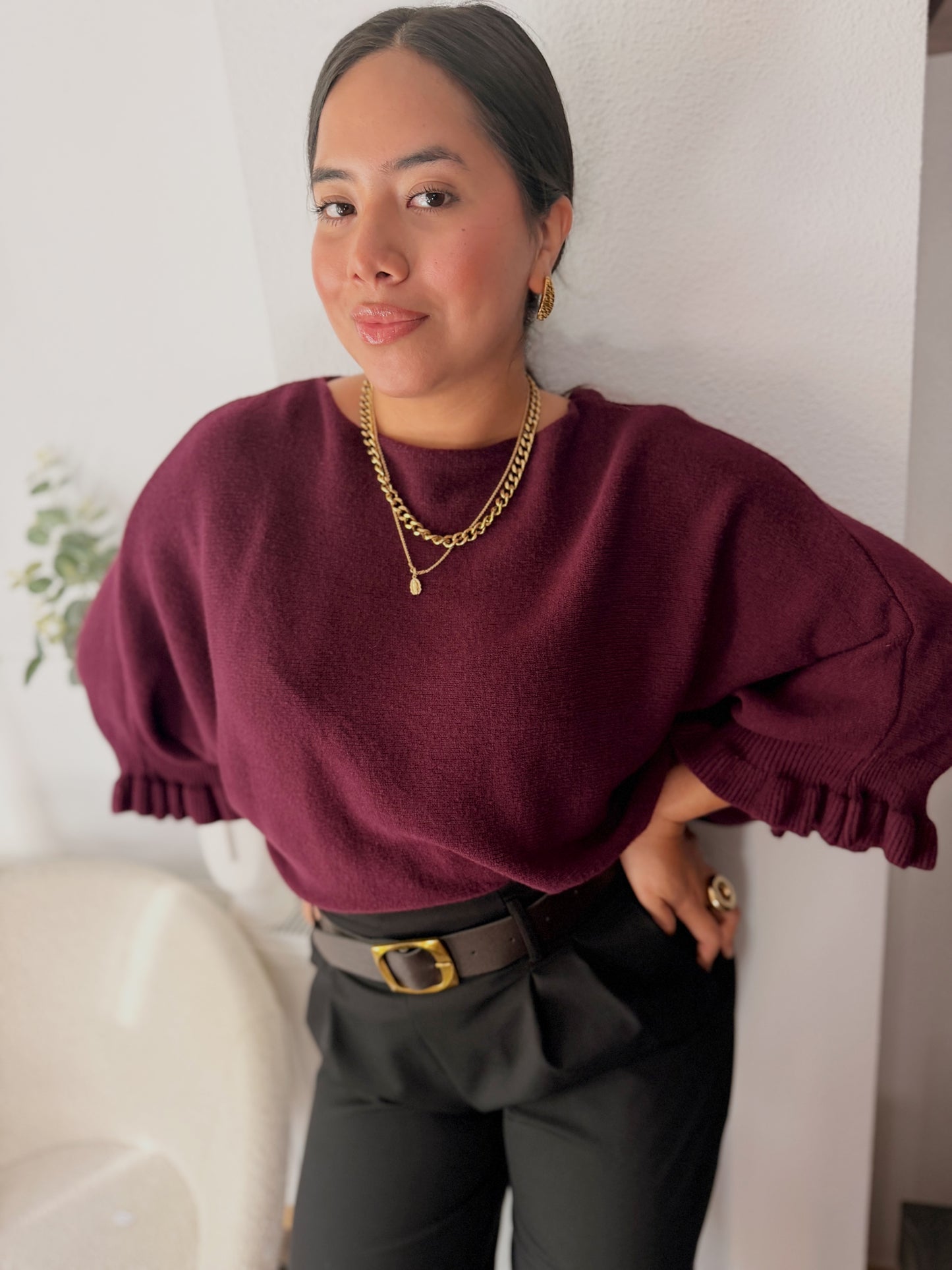 Jersey de Punto Oversize con Cuello Barco y Manga Campana con Volantes
