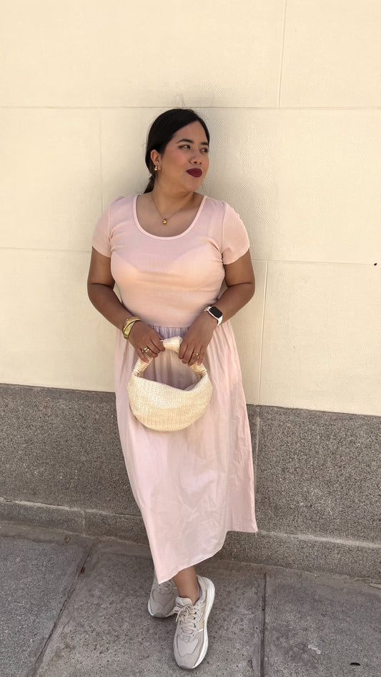Vestido Rosa de algodón con cuello redondo y bolsillos