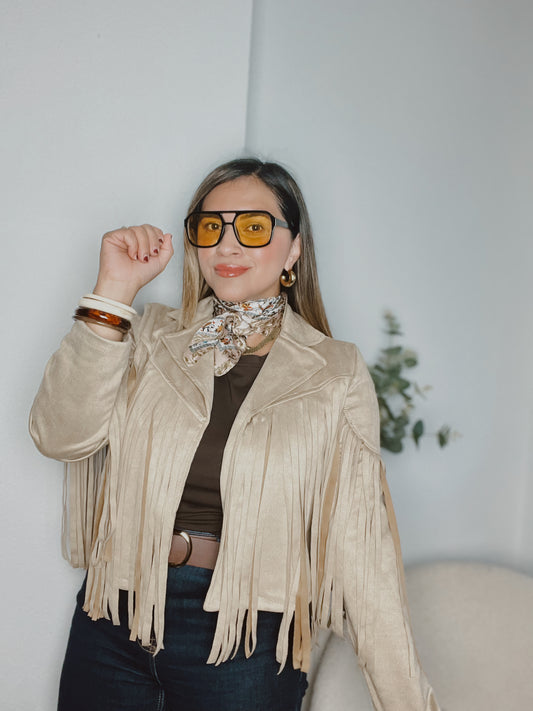 Chaqueta antelina flecos Crema