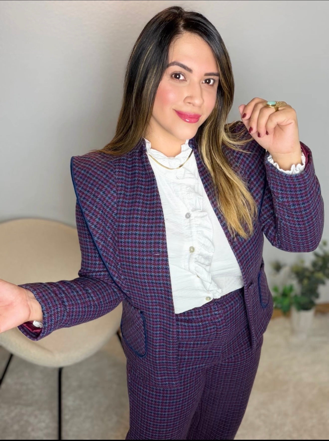 Chaqueta Sastre Entallada con Cuadro Inglés – Azul y Burdeos