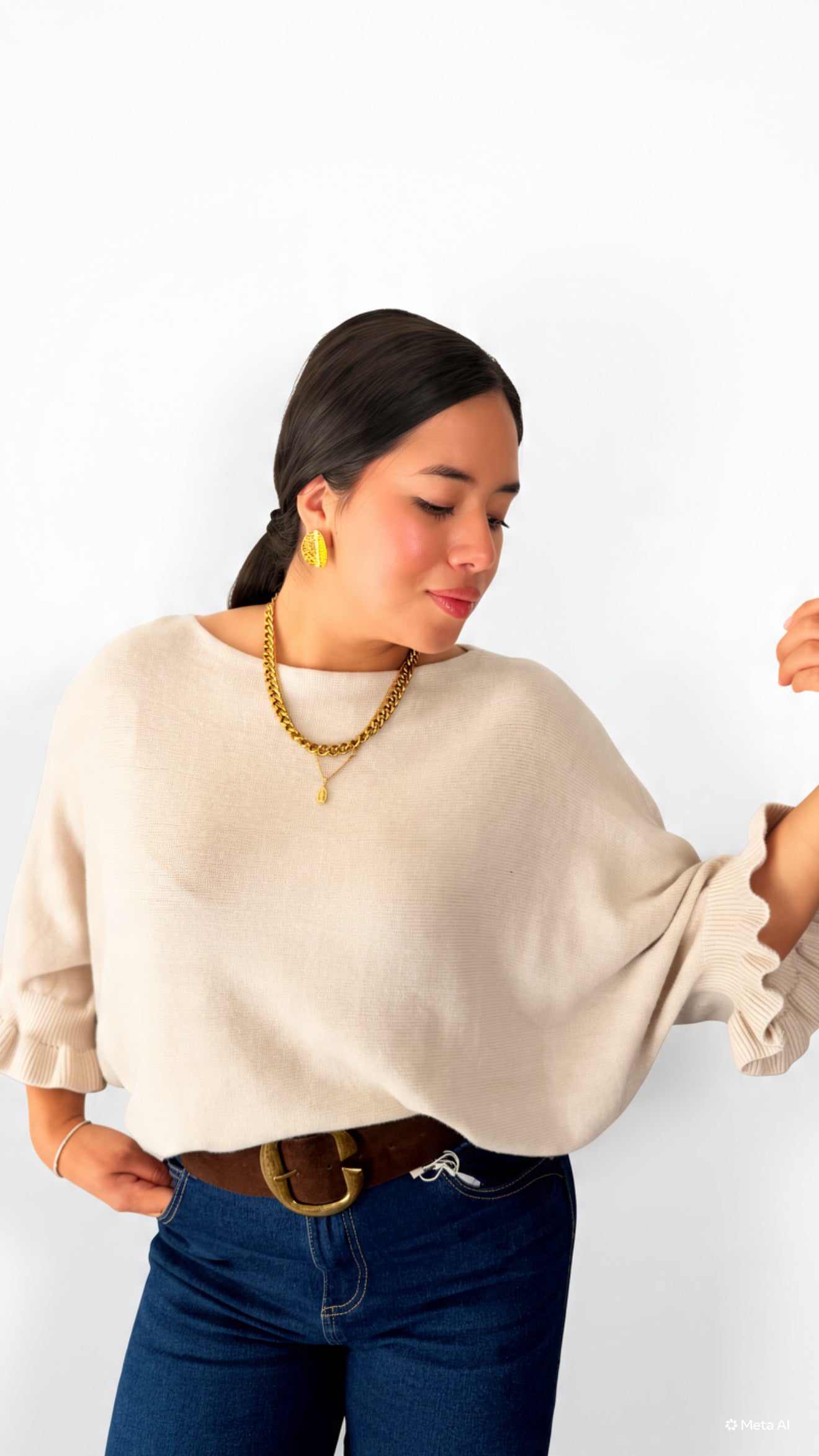 Jersey de Punto Oversize con Cuello Barco y Manga Campana con Volantes