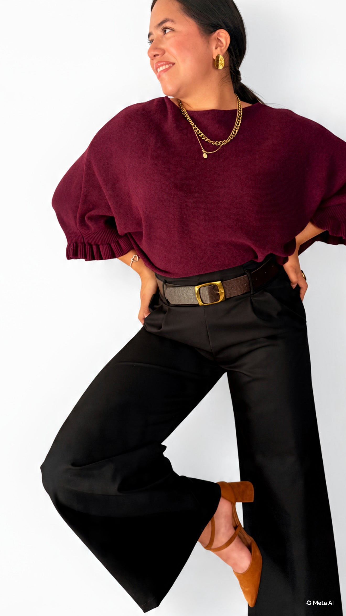 Jersey de Punto Oversize con Cuello Barco y Manga Campana con Volantes