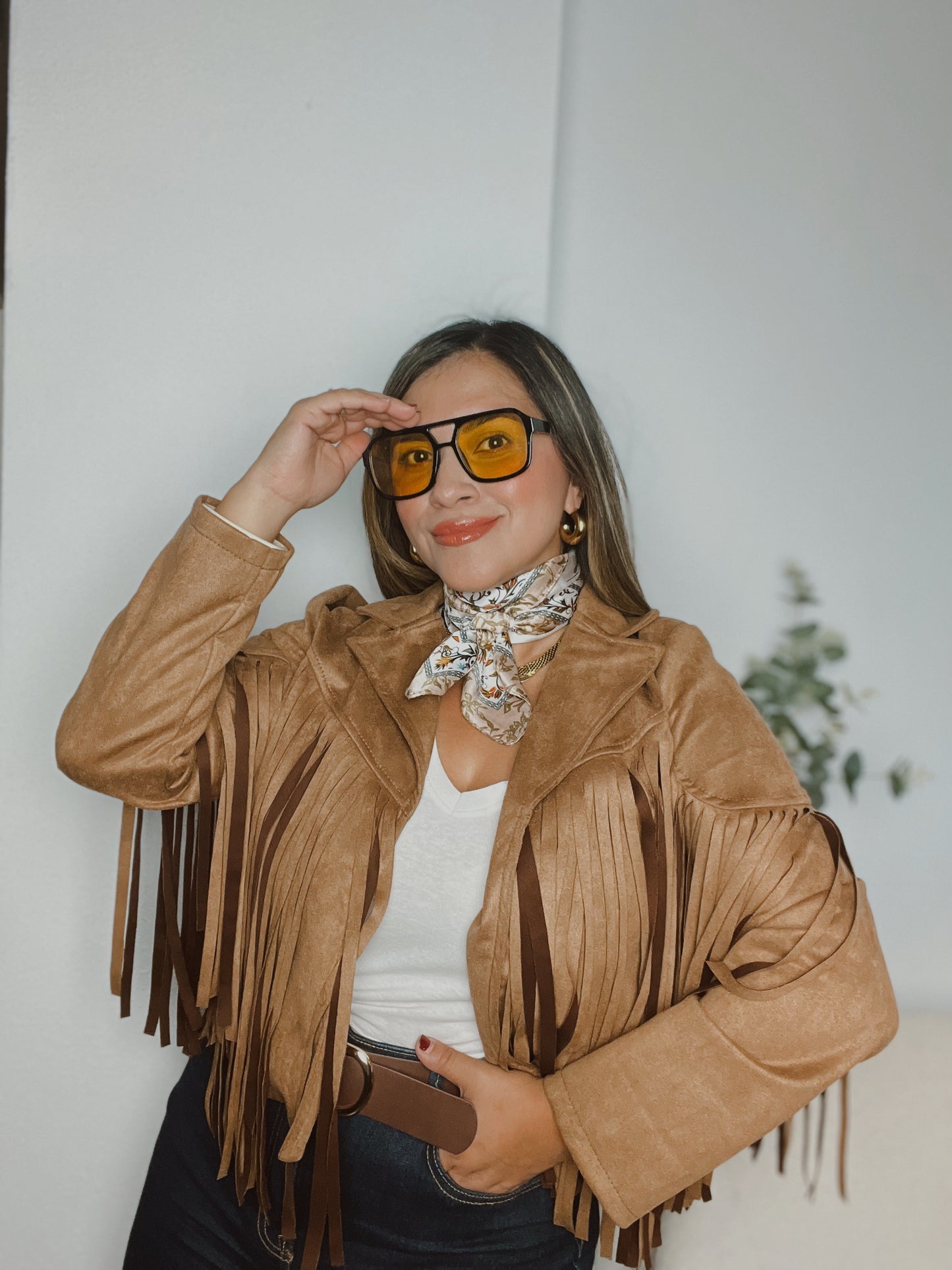 Chaqueta antelina flecos camel