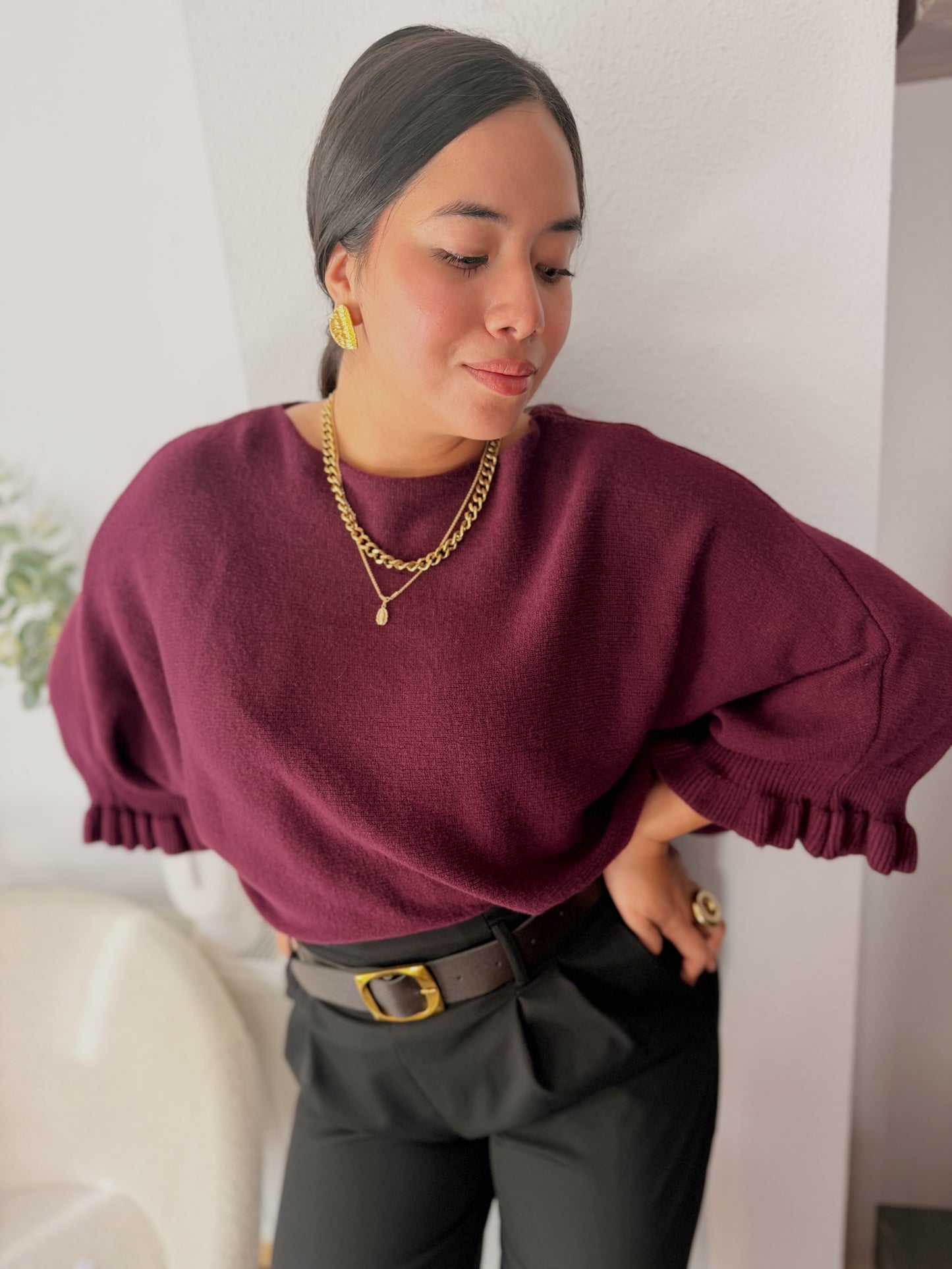 Jersey de Punto Oversize con Cuello Barco y Manga Campana con Volantes
