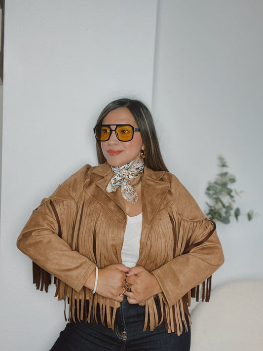 Chaqueta antelina flecos camel