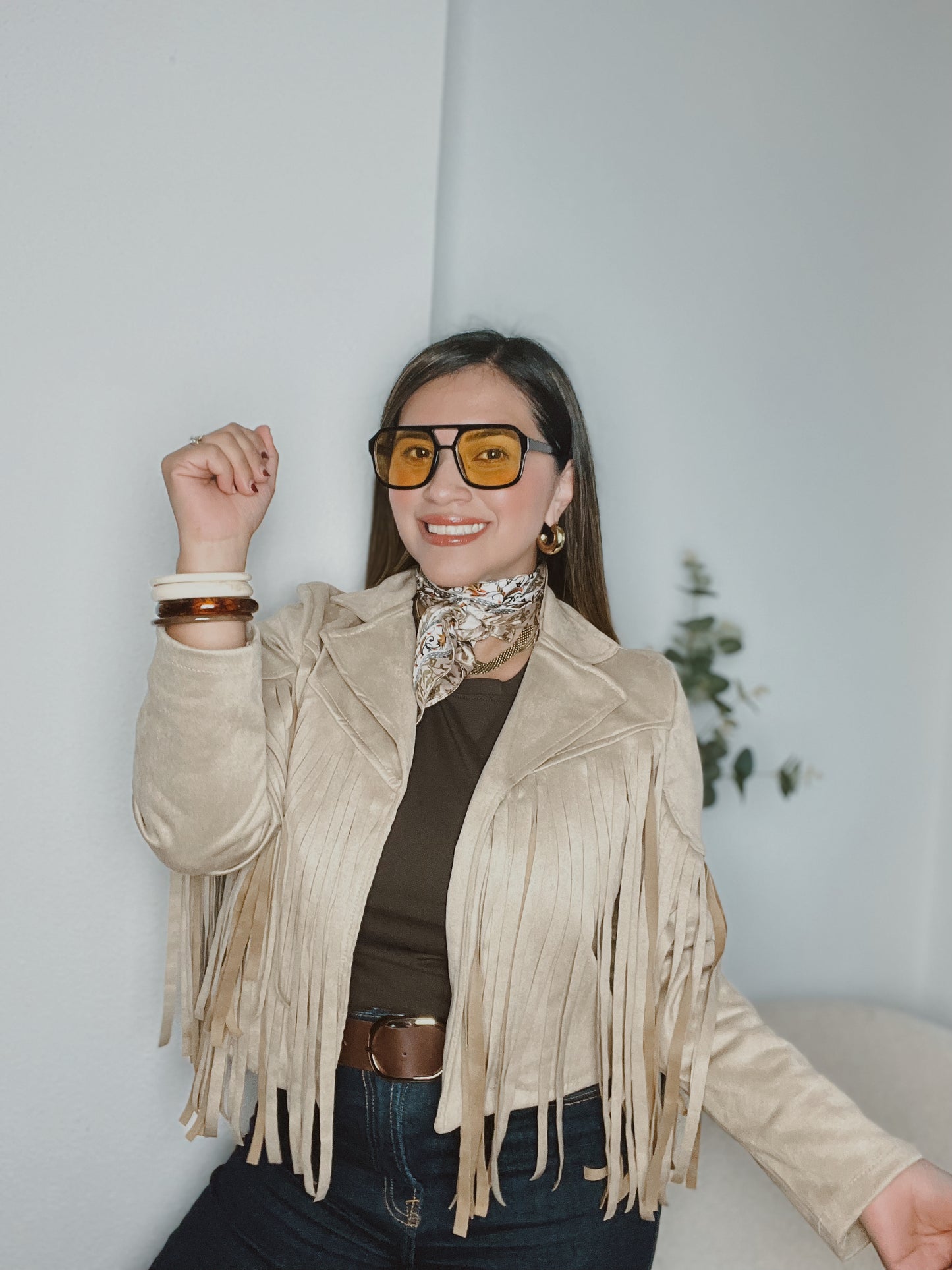 Chaqueta antelina flecos Crema