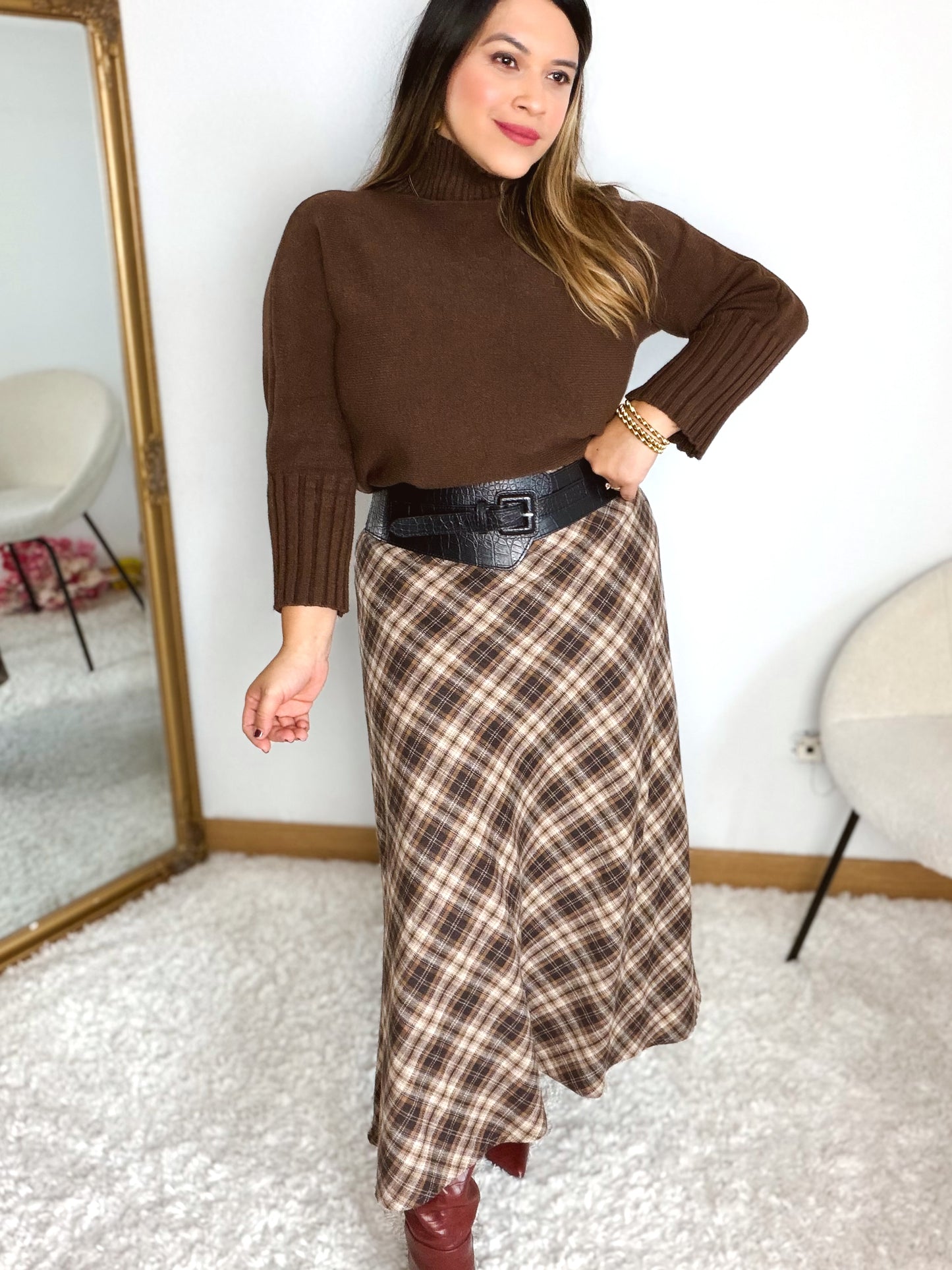 Falda Midi Cuadros Marrón