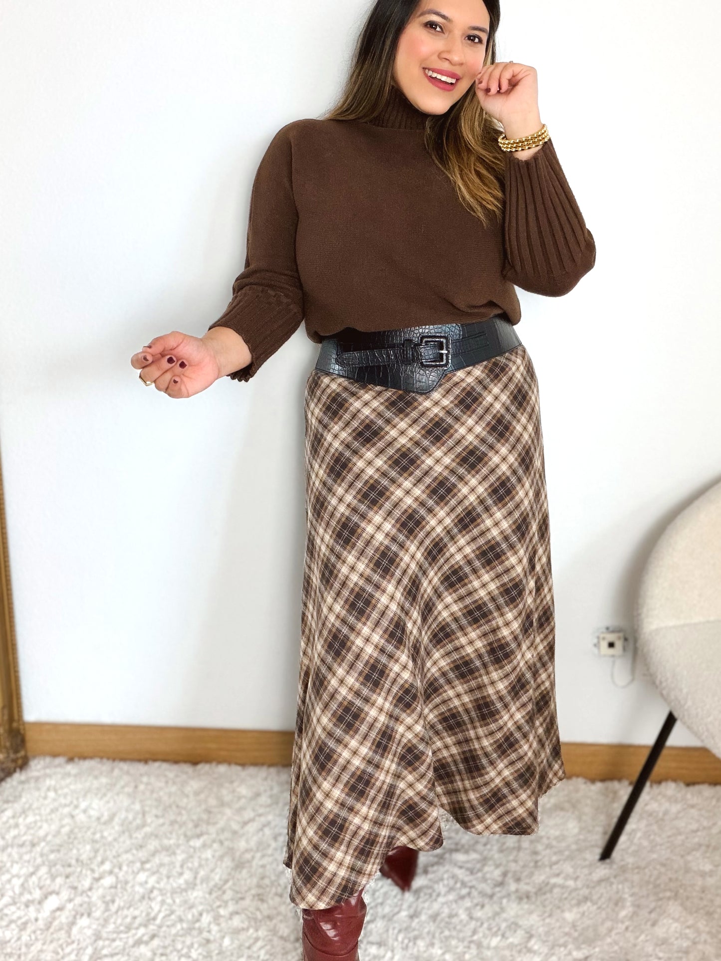 Falda Midi Cuadros Marrón