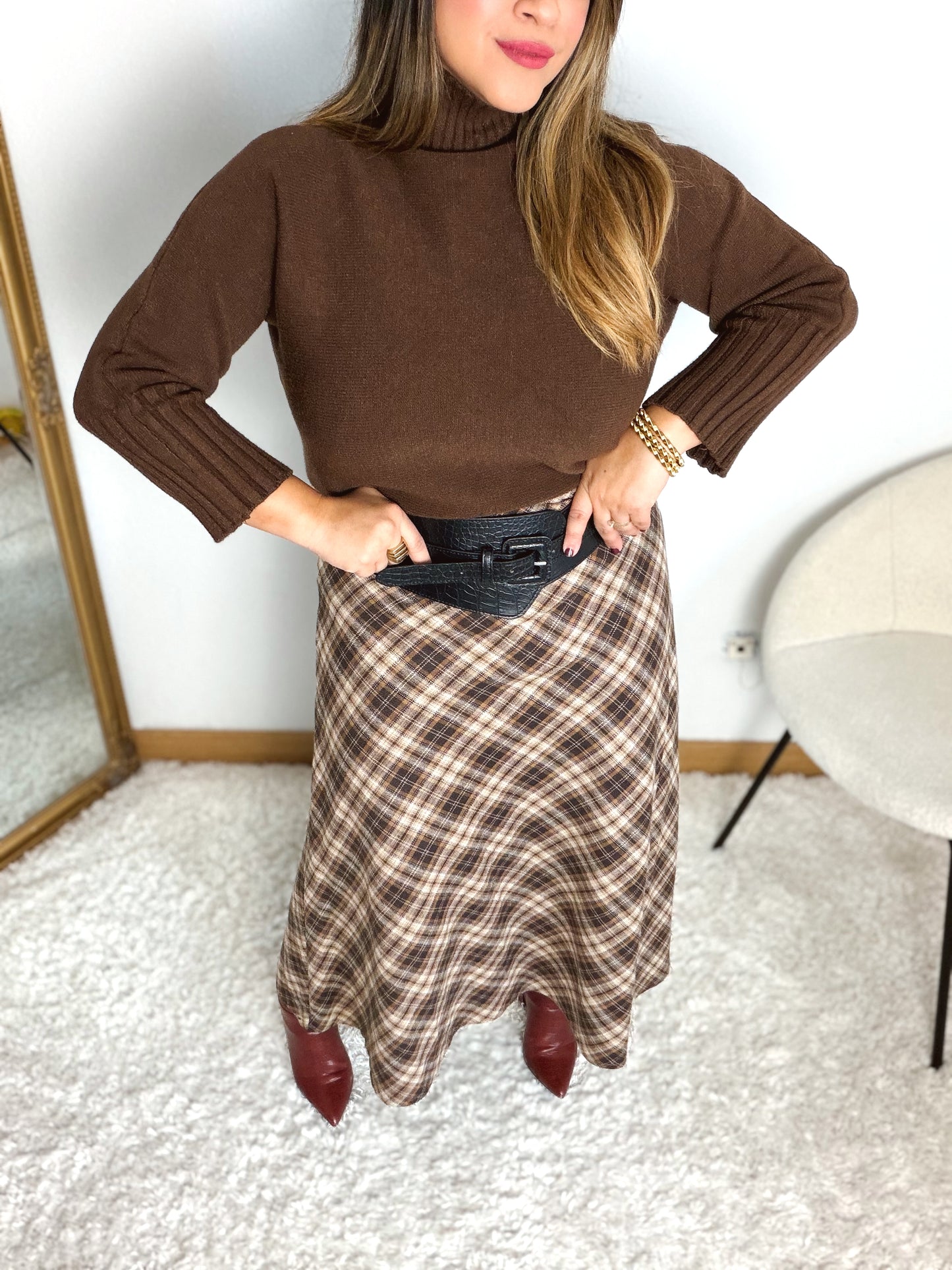 Falda Midi Cuadros Marrón